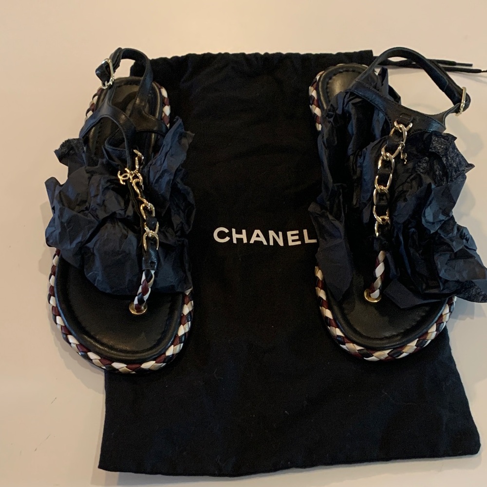 Chanel Black and Gold Chain Sandals